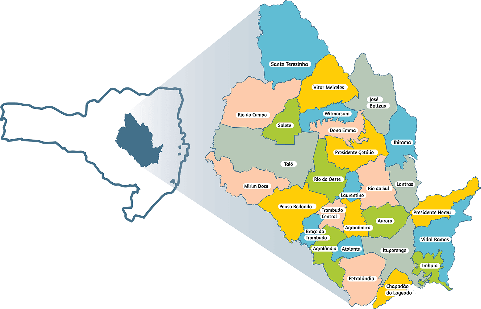 Mapa do Alto Vale do Itajaí, listando todos os municípios que o CisAMAVI atende.