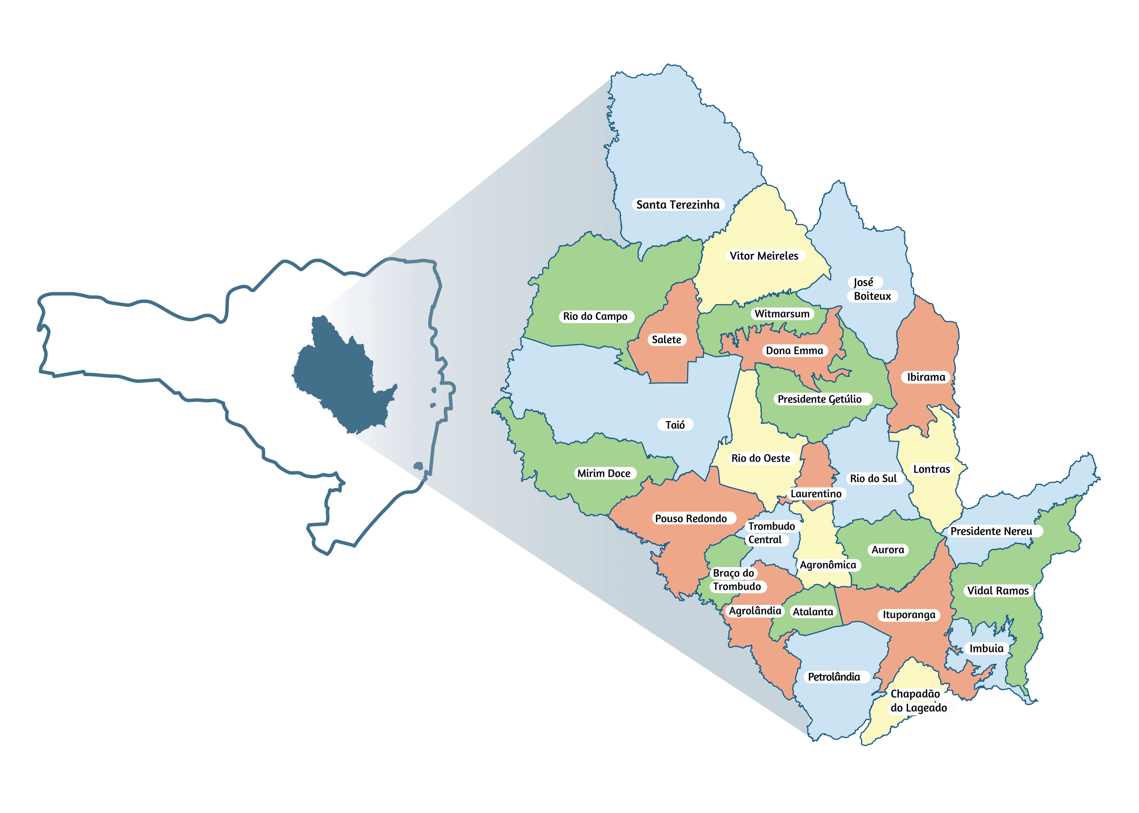 Mapa do Alto Vale do Itajaí, listando todos os municípios que o CisAMAVI atende.